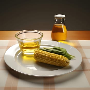 Photo of a table top, white plates, honey and a cob of yellow corn. Corn as a dish of thanksgiving for the harvest, picture on a white isolated background. An atmosphere of joy and celebration.