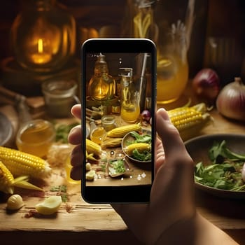 Human hand holding smart phone taking picture of table set with corn, dishes, vegetables. Corn as a dish of thanksgiving for the harvest, picture on a white isolated background. An atmosphere of joy and celebration.