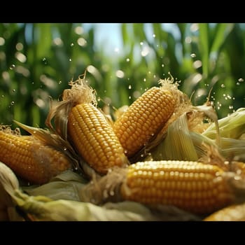 Yellow corn cobs in green leaf and drops of water. Corn as a dish of thanksgiving for the harvest. An atmosphere of joy and celebration.