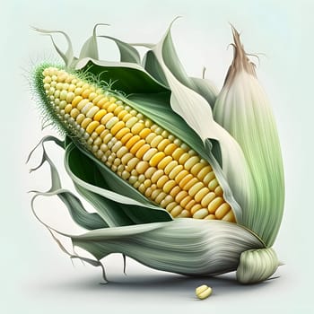 Yellow corn cob in green leaf. Corn as a dish of thanksgiving for the harvest, picture on a white isolated background. An atmosphere of joy and celebration.