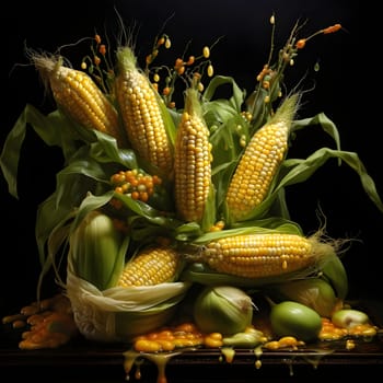 Stack of yellow corn cobs with leaves on wooden table, black background. Corn as a dish of thanksgiving for the harvest. An atmosphere of joy and celebration.