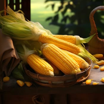 Yellow corn cobs in a wicker small basket on a wooden table. Corn as a dish of thanksgiving for the harvest. An atmosphere of joy and celebration.