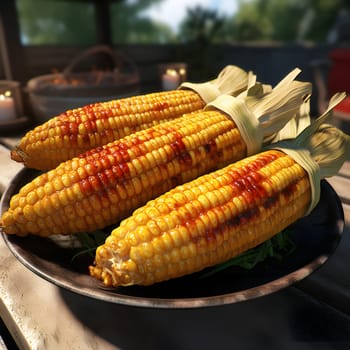 Three yellow corn cobs with sprinkles to eat. Corn as a dish of thanksgiving for the harvest. An atmosphere of joy and celebration.