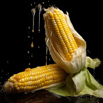 Two yellow corn cobs in a leaf dripping with water on a black background. Corn as a dish of thanksgiving for the harvest. An atmosphere of joy and celebration.