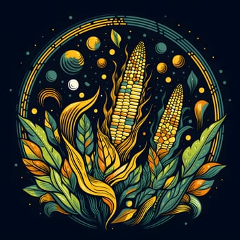 Corn cob logo in leaves in circle on navy blue background. Corn as a dish of thanksgiving for the harvest. An atmosphere of joy and celebration.