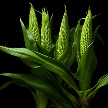 Three corn cobs with small kernels on green, plants, isolated black background. Corn as a dish of thanksgiving for the harvest. An atmosphere of joy and celebration.