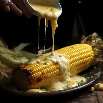 Yellow corn cob on a plate cast with corn sauce. Corn as a dish of thanksgiving for the harvest. An atmosphere of joy and celebration.