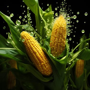 Yellow corn cobs on green plants, drops of water falling black background. Corn as a dish of thanksgiving for the harvest. An atmosphere of joy and celebration.