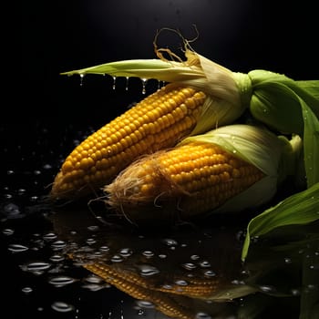 Two lying yellow corn cobs in a green leaf around drops of water. Corn as a dish of thanksgiving for the harvest. An atmosphere of joy and celebration.