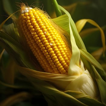 Yellow corn in green leaf in the field. Corn as a dish of thanksgiving for the harvest. An atmosphere of joy and celebration.