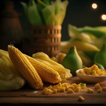 Corn cobs and kernels in the middle of vegetables harvested from the field. Corn as a dish of thanksgiving for the harvest. An atmosphere of joy and celebration.