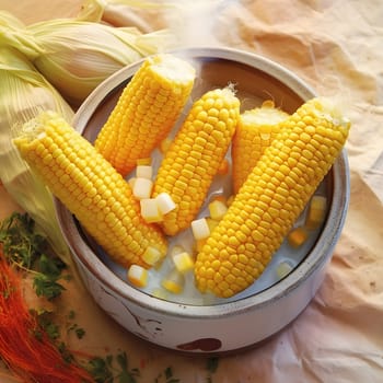 Yellow corn cobs on a wooden bucket. Corn as a dish of thanksgiving for the harvest. An atmosphere of joy and celebration.