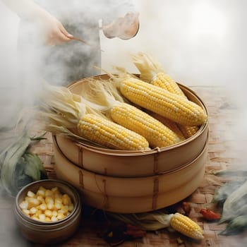 Yellow corn cobs on a wooden bucket. Corn as a dish of thanksgiving for the harvest. An atmosphere of joy and celebration.