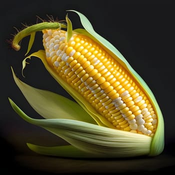 Yellow and white corn cob in green leaf on dark background. Corn as a dish of thanksgiving for the harvest. An atmosphere of joy and celebration.