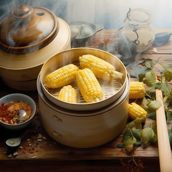 Yellow corn cobs on a wooden bucket. Corn as a dish of thanksgiving for the harvest. An atmosphere of joy and celebration.