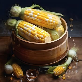 Yellow corn cobs on a wooden bucket. Corn as a dish of thanksgiving for the harvest. An atmosphere of joy and celebration.