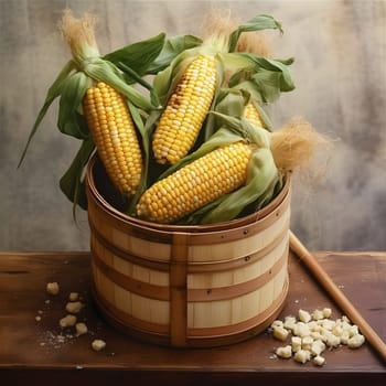 Yellow and white corn cobs and other vegetables prepared for soup on wood in a bucket. Corn as a dish of thanksgiving for the harvest. An atmosphere of joy and celebration.