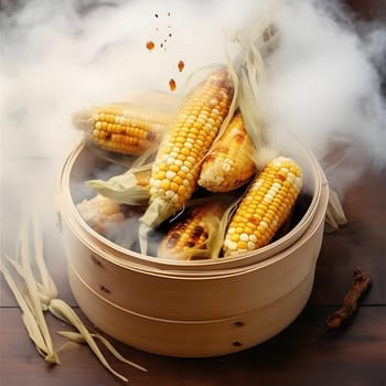 Yellow corn cobs on a wooden bucket. Corn as a dish of thanksgiving for the harvest. An atmosphere of joy and celebration.