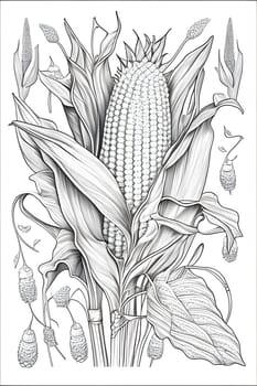 Black and White coloring book, giant cob, corn in the middle of the leaves. Corn as a dish of thanksgiving for the harvest, picture on a white isolated background. An atmosphere of joy and celebration.