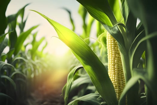 Photo of sunset or sunrise in a corn field. Corn as a dish of thanksgiving for the harvest. An atmosphere of joy and celebration.