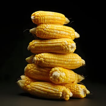 Top arranged with yellow corn cobs on a black background. Corn as a dish of thanksgiving for the harvest. An atmosphere of joy and celebration.