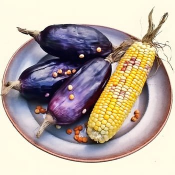 Eggplants and corn cob on a plate. Corn as a dish of thanksgiving for the harvest. An atmosphere of joy and celebration.