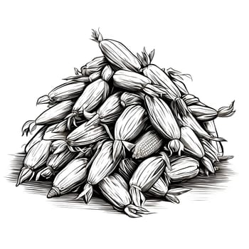 Black and White coloring book pile of cobs, corn in leaves. Corn as a dish of thanksgiving for the harvest, picture on a white isolated background. An atmosphere of joy and celebration.