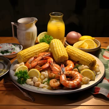 Yellow corn cobs and shrimps on a plate. Corn as a dish of thanksgiving for the harvest. An atmosphere of joy and celebration.