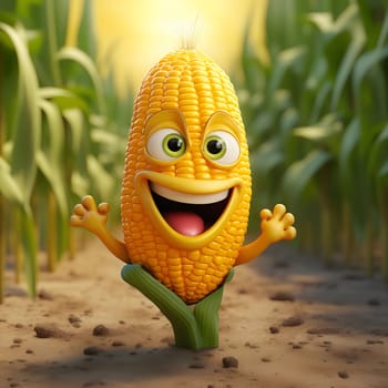 Happy smiling toy corn cob. Corn as a dish of thanksgiving for the harvest. An atmosphere of joy and celebration.