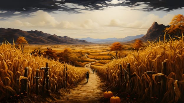 A view of a corn field stretching to the tops of the mountains and two people walking along a path. Corn as a dish of thanksgiving for the harvest. An atmosphere of joy and celebration.