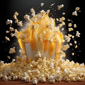 Paper box and in a sealant popcorn with sauce on a black background. Corn as a dish of thanksgiving for the harvest. An atmosphere of joy and celebration.