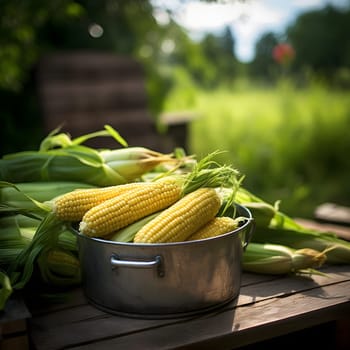 Lying on a wooden table broken cobs, corn, smeared background of the field. Corn as a dish of thanksgiving for the harvest. An atmosphere of joy and celebration.