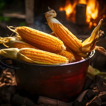 Metal bucket with picked corn cobs. Corn as a dish of thanksgiving for the harvest. An atmosphere of joy and celebration.