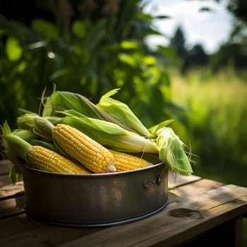 Lying on a wooden table broken cobs, corn, smeared background of the field. Corn as a dish of thanksgiving for the harvest. An atmosphere of joy and celebration.