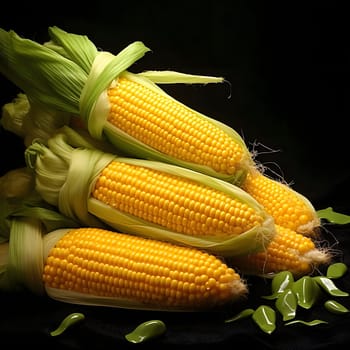 Five yellow corn cobs with Green leaf on black background. Corn as a dish of thanksgiving for the harvest. An atmosphere of joy and celebration.