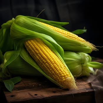 Three yellow corn cobs on a dark background. Corn as a dish of thanksgiving for the harvest. An atmosphere of joy and celebration.