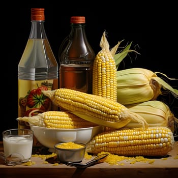 Yellow corn cob leaves, bottles and garlic sauce. Corn as a dish of thanksgiving for the harvest. An atmosphere of joy and celebration.