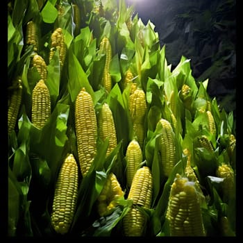 Photo of a corn field with yellow cobs. Corn as a dish of thanksgiving for the harvest. An atmosphere of joy and celebration.