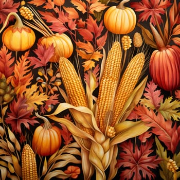 Elegant and modern. Corns, cobs, leaves, pumpkins, as abstract background, wallpaper, banner, texture design with pattern - vector. Dark colors.