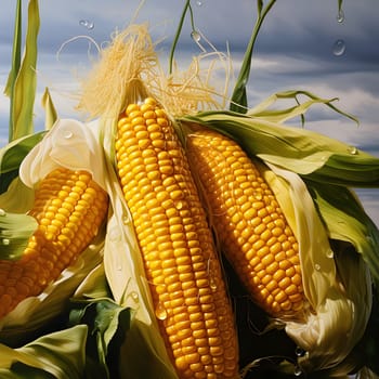 Three big yellow corn cobs over water. Corn as a dish of thanksgiving for the harvest. An atmosphere of joy and celebration.