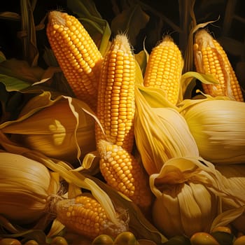 A pile of yellow corn cobs, some wrapped in leaves. Corn as a dish of thanksgiving for the harvest. An atmosphere of joy and celebration.