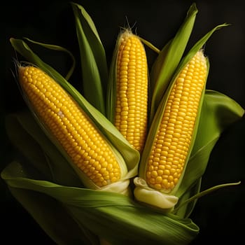 Yellow corn cobs in green leaves on black isolated background. Corn as a dish of thanksgiving for the harvest. An atmosphere of joy and celebration.