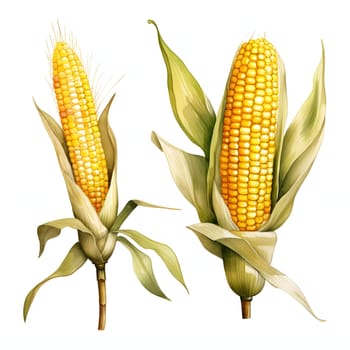 Illustration of two corn cobs in leaves, one thick, the other thin. Corn as a dish of thanksgiving for the harvest, picture on a white isolated background. An atmosphere of joy and celebration.