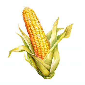 Illustration of corn cob with green leaf. Corn as a dish of thanksgiving for the harvest, picture on a white isolated background. An atmosphere of joy and celebration.