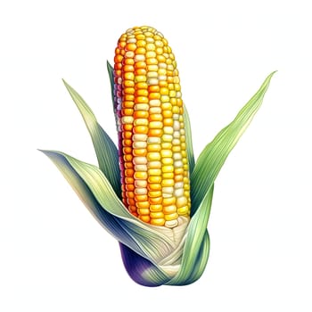 Illustration of corn cob with green leaf. Corn as a dish of thanksgiving for the harvest, picture on a white isolated background. An atmosphere of joy and celebration.