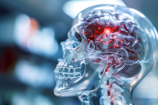 A transparent model of a human skull with red highlights detailing the cerebral vascular structure.