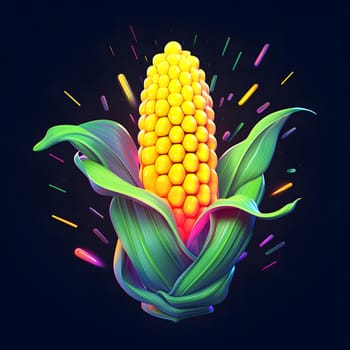 Logo corn cob in Green leaf 3D navy blue solid dark background. Corn as a dish of thanksgiving for the harvest. An atmosphere of joy and celebration.