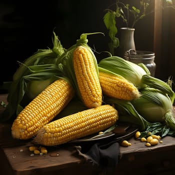 Yellow corn cobs in leaves on a wooden table top. Corn as a dish of thanksgiving for the harvest. An atmosphere of joy and celebration.