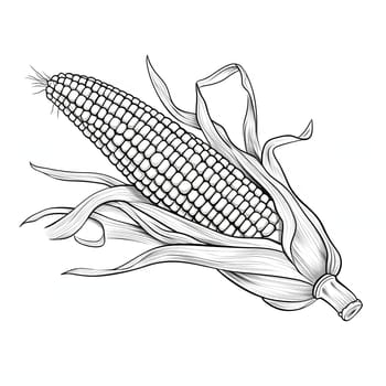 Black and White coloring book, corn cob in a leaf. Corn as a dish of thanksgiving for the harvest, picture on a white isolated background. An atmosphere of joy and celebration.