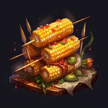 Illustration, corn cobs impaled on toothpicks, seasoned, on wooden kitchen board, uniform dark background. Corn as a dish of thanksgiving for the harvest. An atmosphere of joy and celebration.